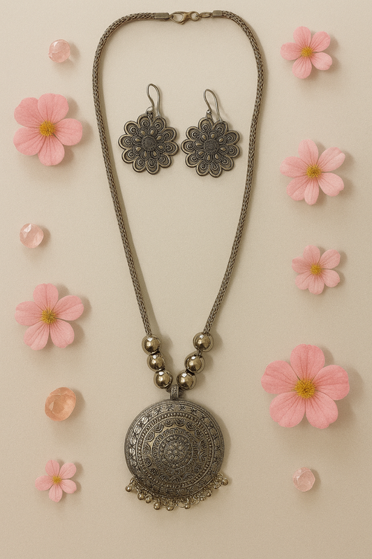 Antique Silver-Plated Oxidised Necklace & Earrings Set