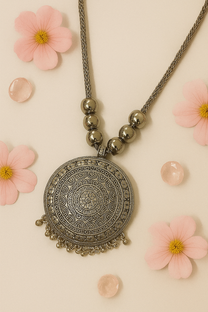 Antique Silver-Plated Oxidised Necklace & Earrings Set