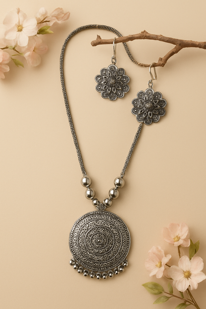 Antique Silver-Plated Oxidised Necklace & Earrings Set