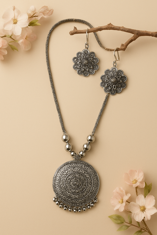 Antique Silver-Plated Oxidised Necklace & Earrings Set